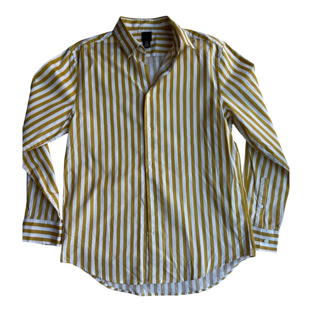 HM Mustard Yellow White Striped Button Down Shirt Cotton Long Sleeve Womens M